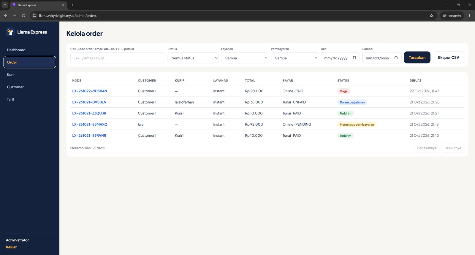 Admin order list with filters, payment state, status and CSV export