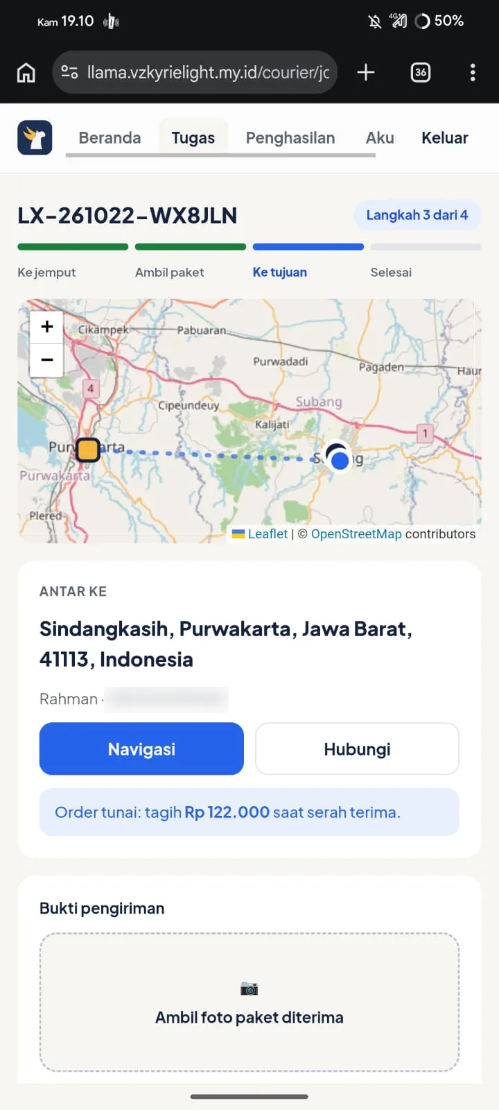 Courier job screen on a phone showing step 3 of 4, a route map and a proof-of-delivery upload