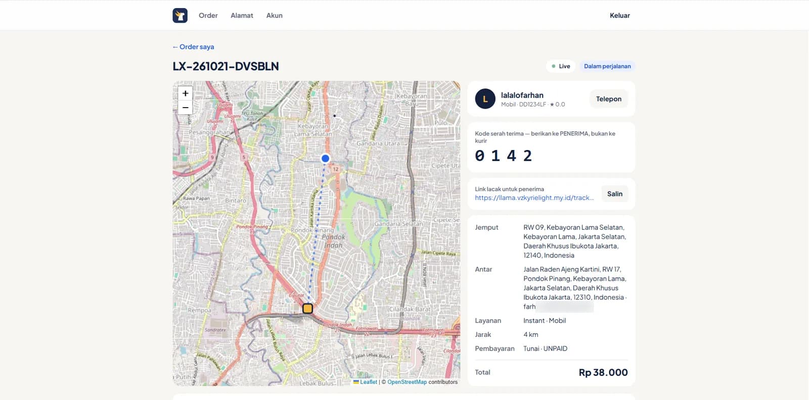 Customer order page with a live map, courier details, handover code and order summary