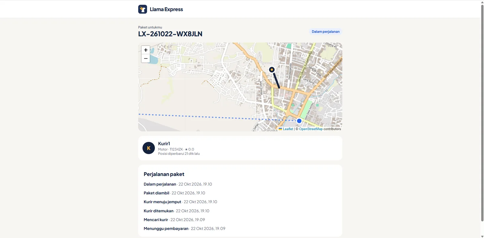 Public tracking page with the courier position and the package timeline